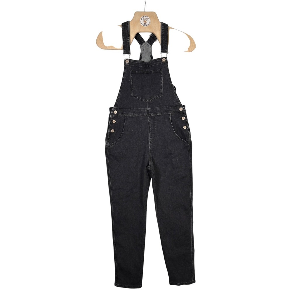 Unbranded Women's M Black Stretch Denim Bib Overalls Tapered Leg - Picture 2 of 7